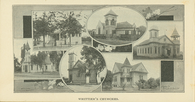 "Whittier's Churches." From pamphlet Whittier, California published 1902 by the Board of Trade (later Chamber of Commerce).