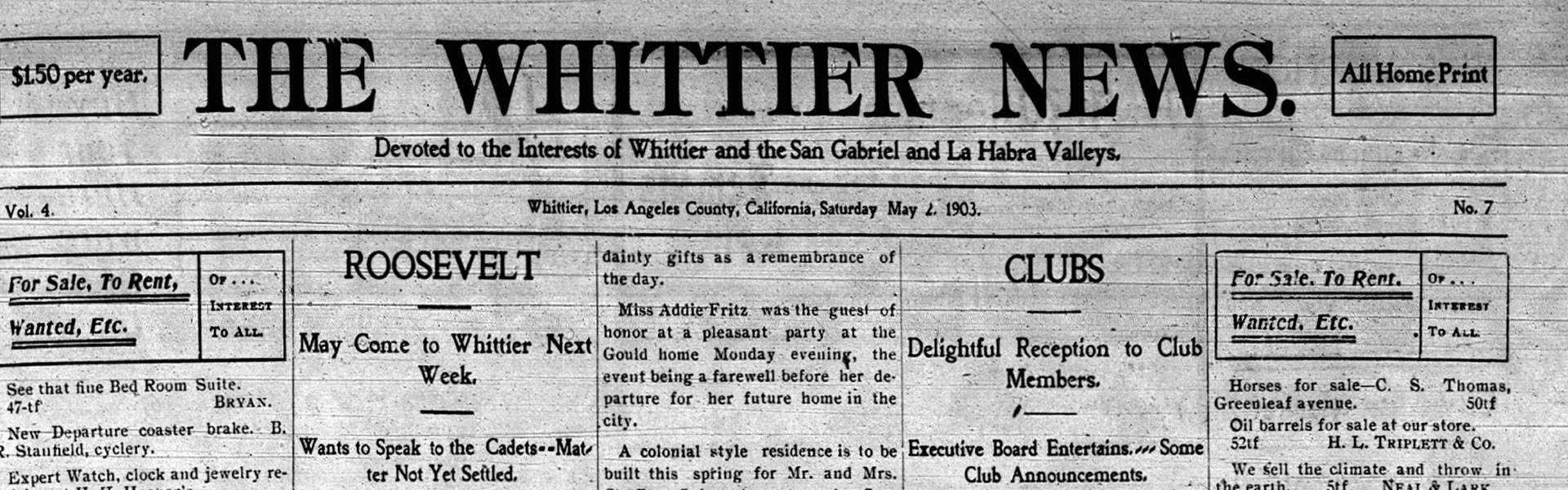 1903 Whittier News headline mentioning that President Roosevelt might soon be in town.